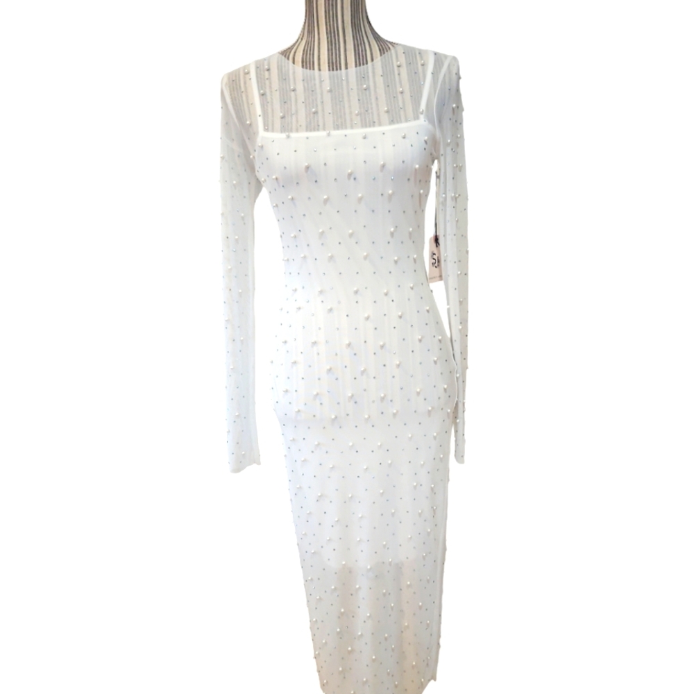 Sincerely Jules Women Sheer Mesh Pearl beads and Sequence Midi Dress Size M